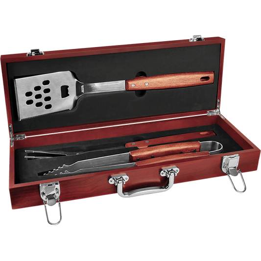 Personalized Rosewood Finish BBQ Gift Set - Stainless Steel