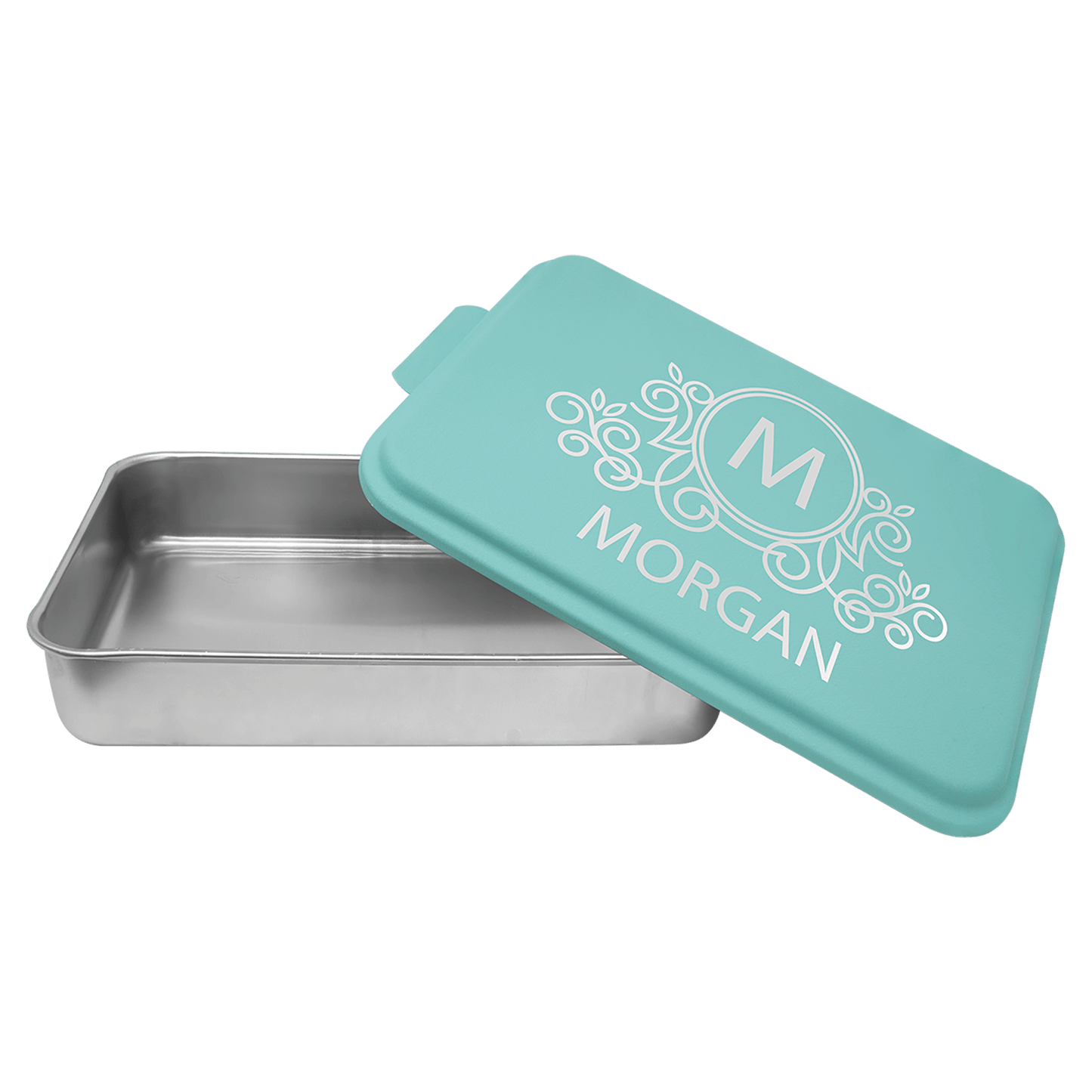 Personalized Aluminum Cake Pan with Teal Powder Coated Lid