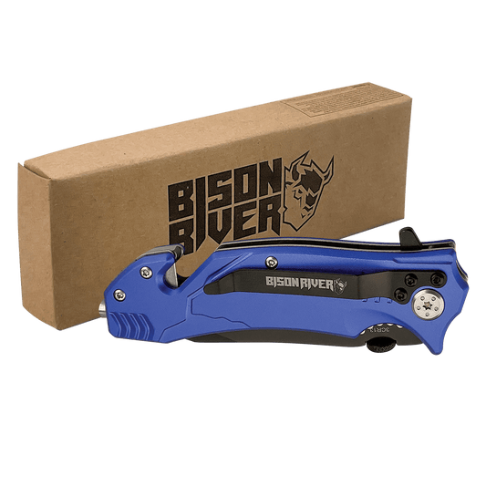 Personalized Bison River Blue Anodized Aluminum Rescue Knife