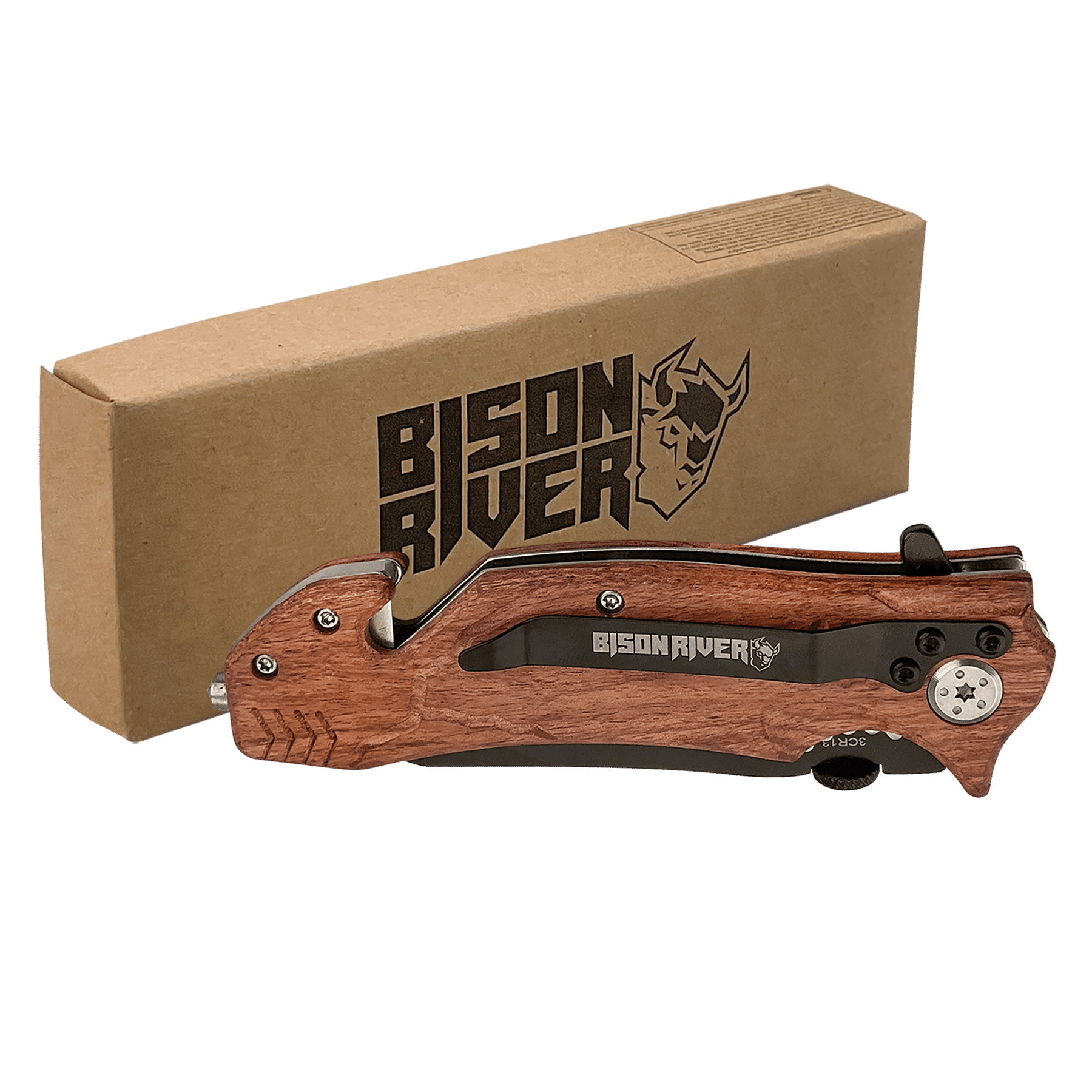 Personalized Bison River Wood Handle Rescue Knife - Wood