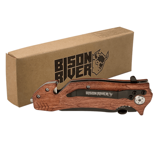 Personalized Bison River Wood Handle Rescue Knife - Wood