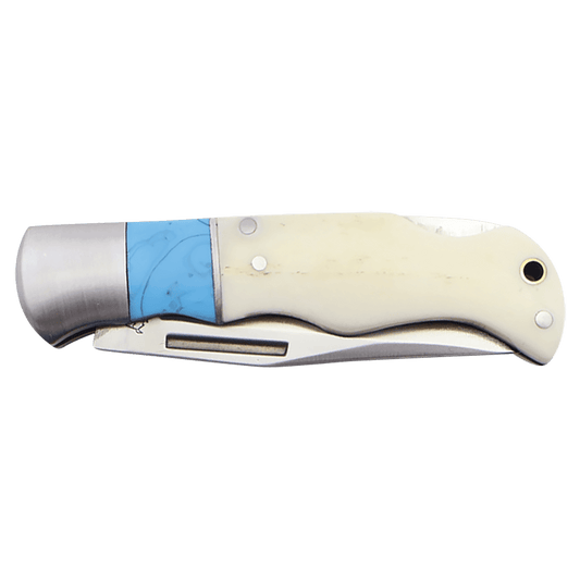 Personalized Bison River Bone/Blue Handle Folding Knife