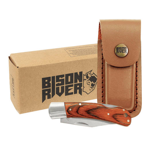 Personalized Bison River Wood Handle Folding Knife with Leather Sheath - Leather