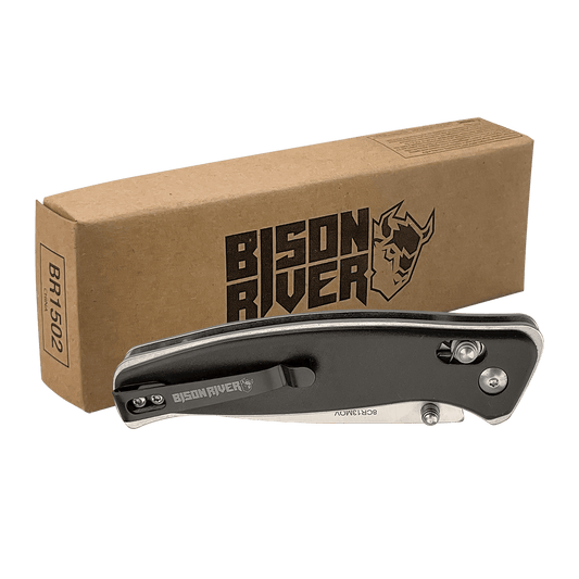 Personalized Bison River Black Anodized Aluminum Handle Button Lock Knife