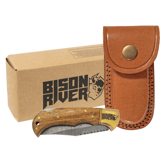 Personalized Wood Folding Knife with Damascus Steel Blade and Leather Sheath - Leather