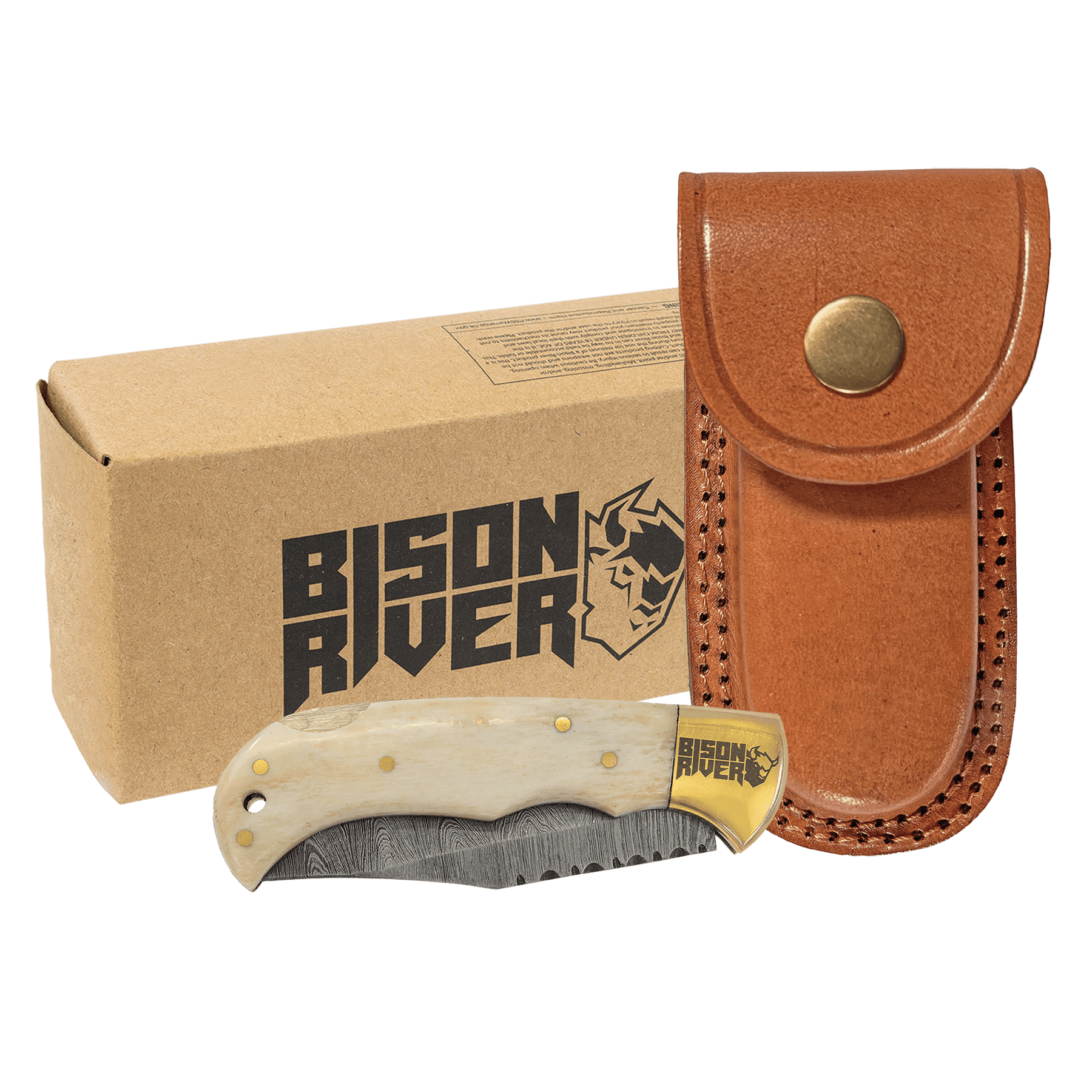 Personalized Bone Folding Knife with Damascus Steel Blade and Leather Sheath