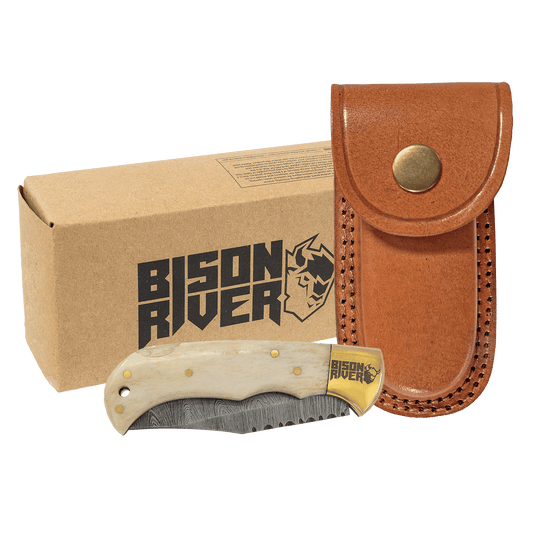 Personalized Bone Folding Knife with Damascus Steel Blade and Leather Sheath