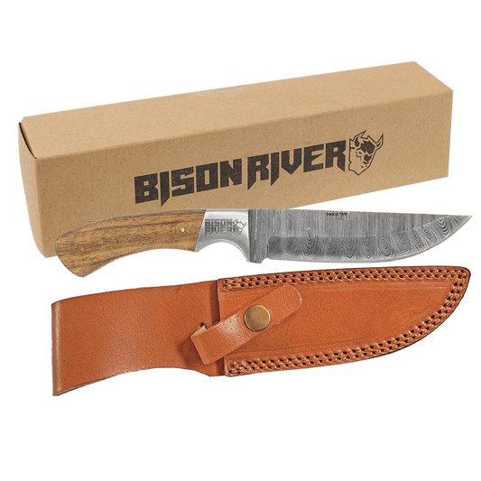 Personalized Fixed Blade Wood Handle Knife with Damascus Steel Blade and Leather Sheath - Leather