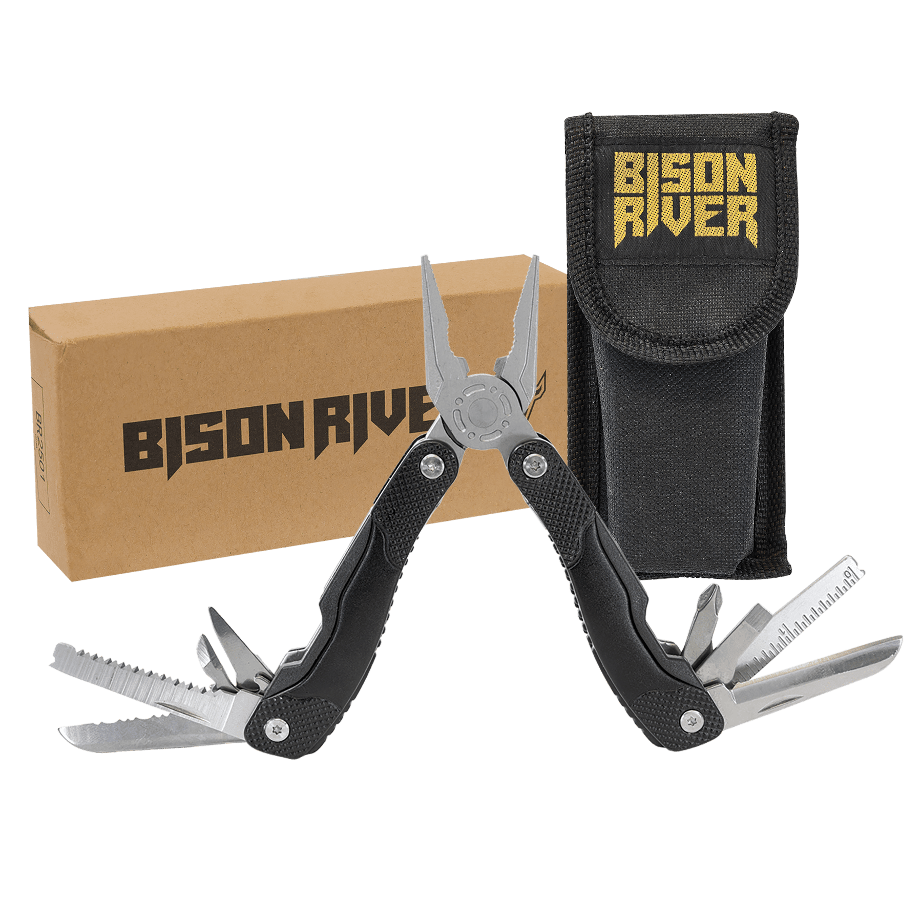 Personalized Bison River Black Anodized Aluminum 13 Function Multi Tool with Nylon Sheath