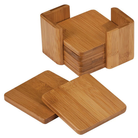 Custom Square Bamboo 6 Coaster Set with Holder