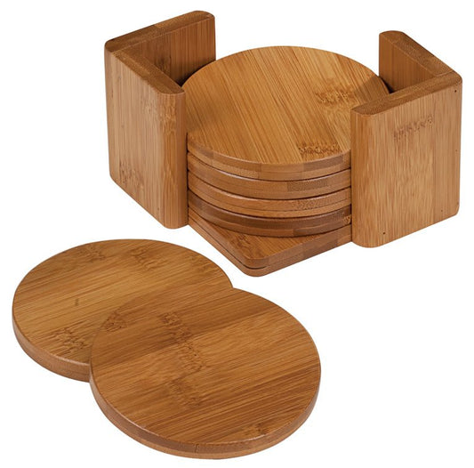 Custom Round Bamboo 6-Coaster Set with Holder
