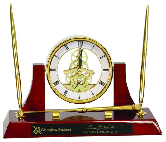 Executive Piano Finish Clock Personalized Desk Set with 2 Pens & Letter Opener Gold/Rosewood - Wood