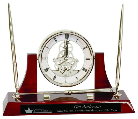 Executive Piano Finish Clock Personalized Desk Set w/2 Pens & Letter Opener Silver/Rosewood - Wood