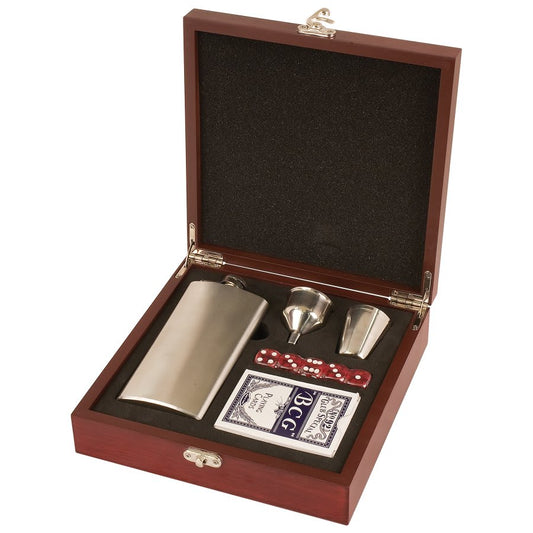 Custom Rosewood Finish Flask Set with Cards and Dice