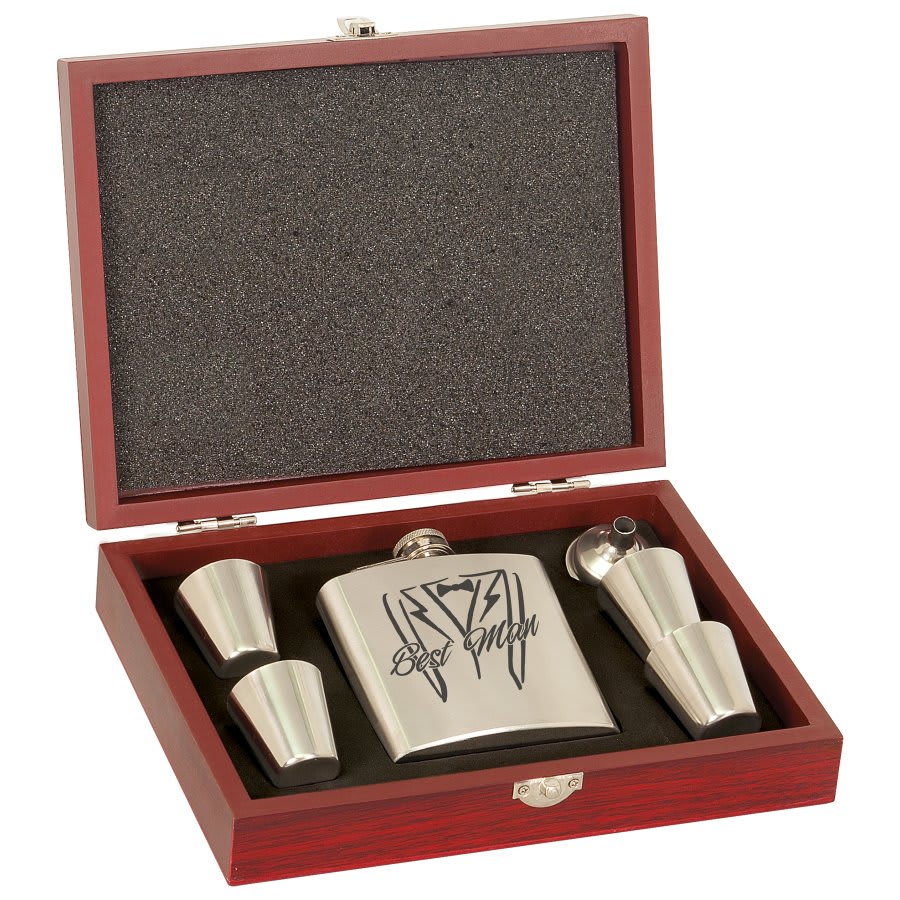 Custom 6 oz. Stainless Steel Flask Set with Wood Presentation Box