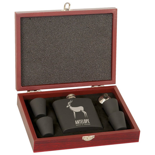 Custom 6 oz. Matte Black Flask Set with Wood Presentation Box