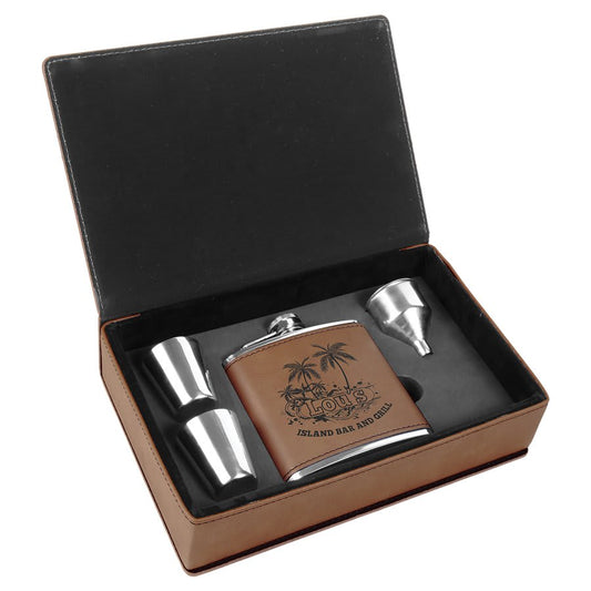 Custom Dark Brown Leatherette Flask Set - Leatherette