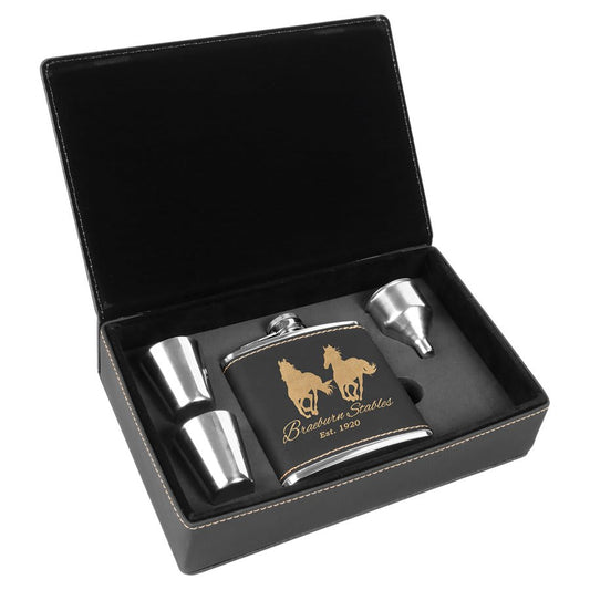 Custom Black/Gold Leatherette Flask Set - Leatherette