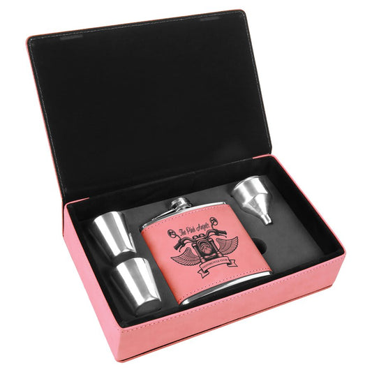 Custom Pink Leatherette Flask Set - Leatherette