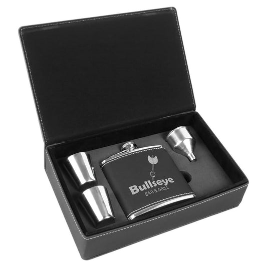 Custom Black/Silver Leatherette Flasks Set - Leatherette