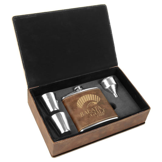 Custom Rustic/Gold Leatherette Flask Set - Leatherette