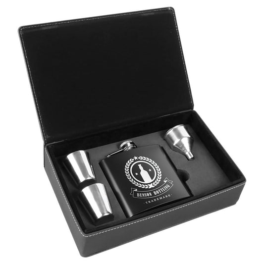 Custom Black Stainless Steel Flask Set in Black/Silver Leatherette Box - Leatherette