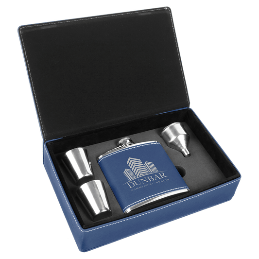Custom Blue/Silver Leatherette Flask Set - Leatherette