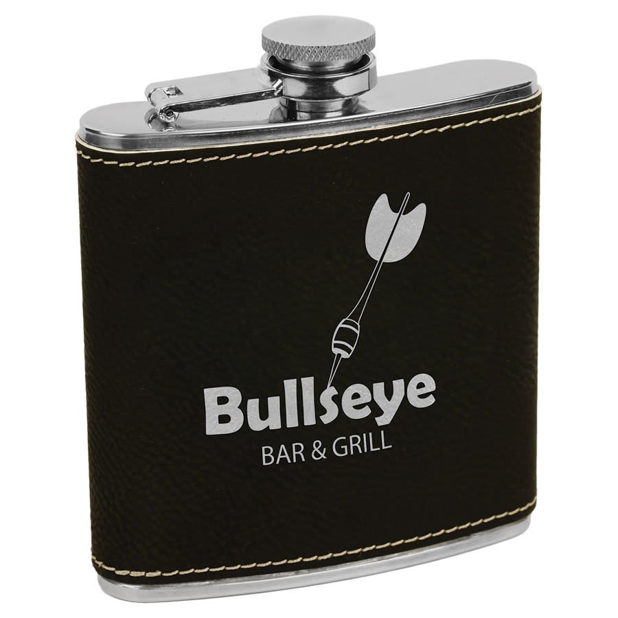 Custom Black/Silver 6 oz. Leatherette Flask - Leatherette