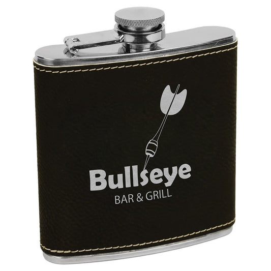 Custom Black/Silver 6 oz. Leatherette Flask - Leatherette