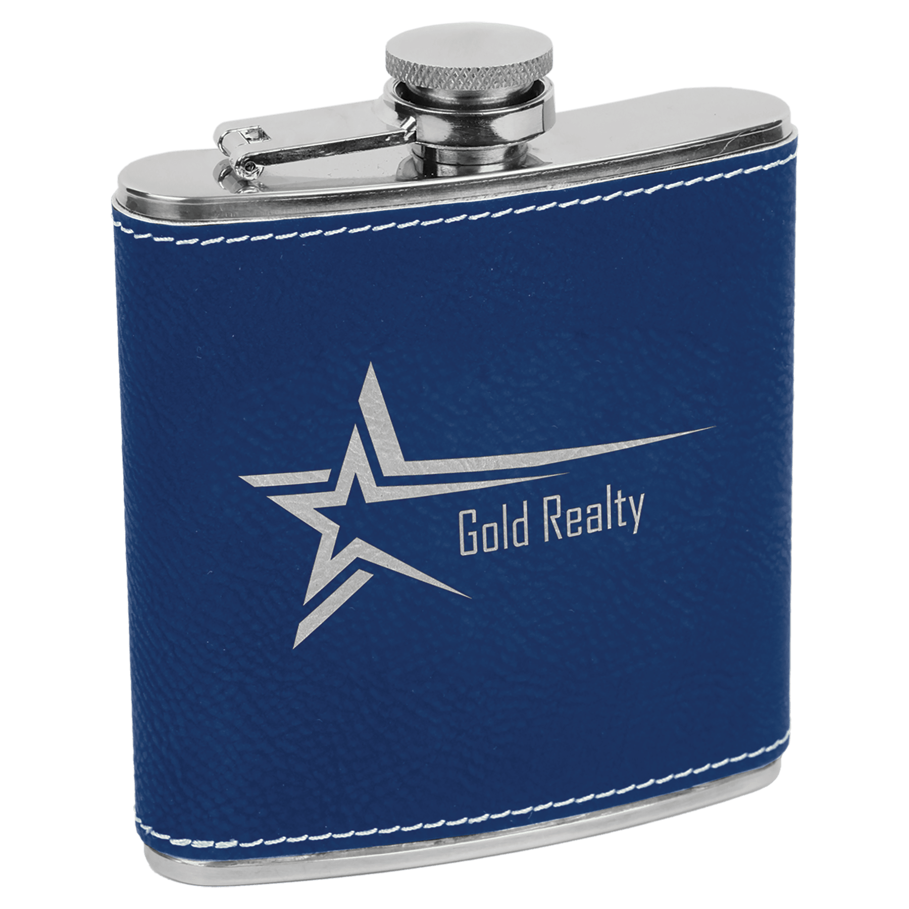 Custom Blue/Silver 6 oz. Leatherette Flask - Leatherette