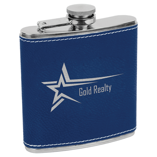 Custom Blue/Silver 6 oz. Leatherette Flask - Leatherette