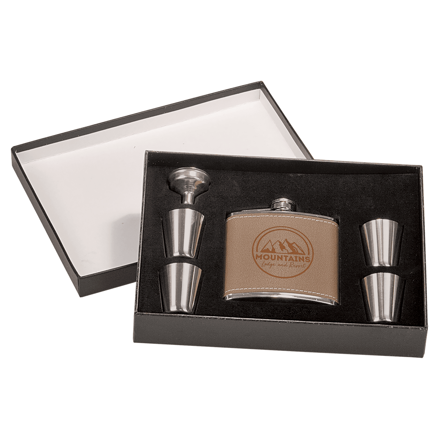 Custom 6 oz. Leather Stainless Steel Flask Set with Presentation Box