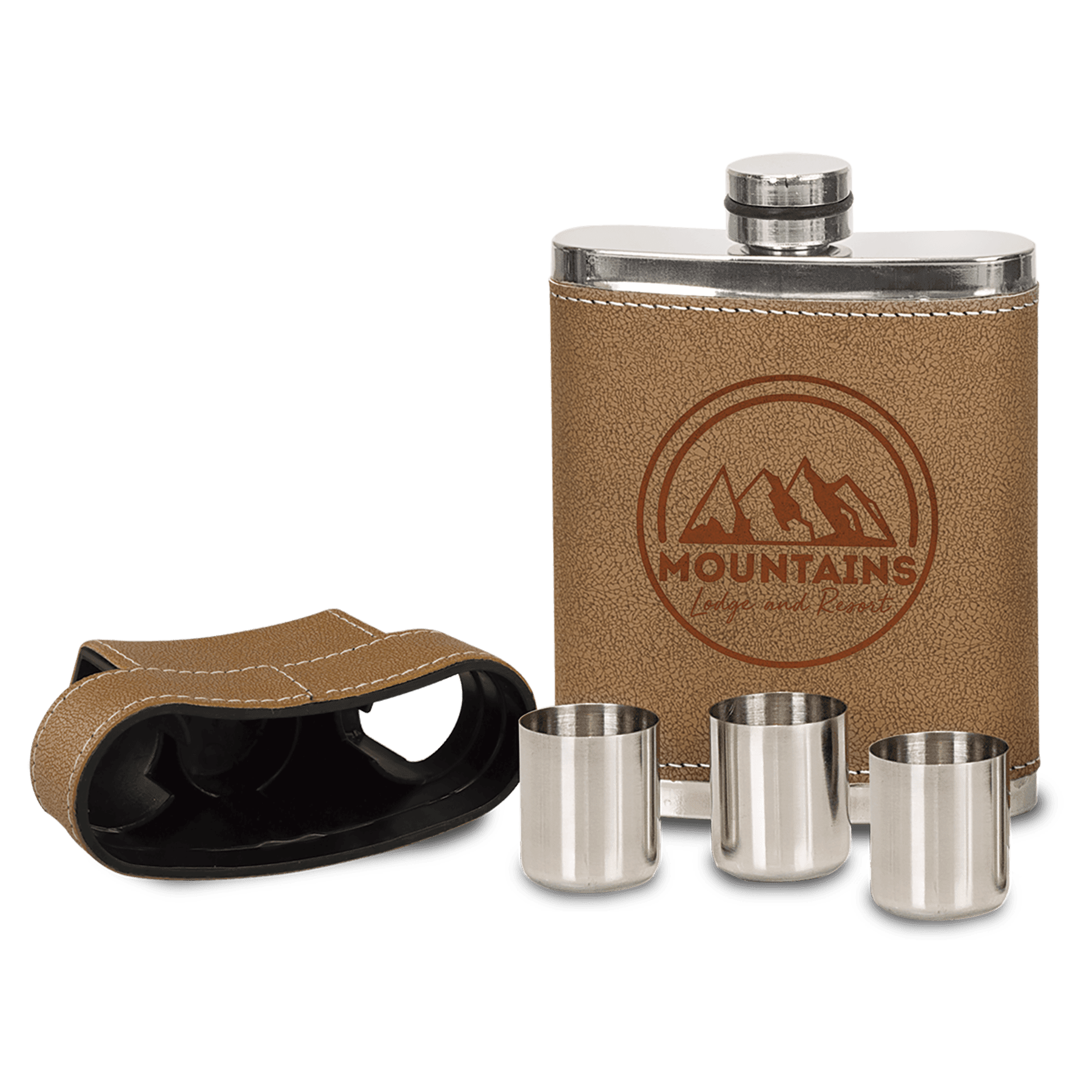 7 oz. Leather Wrapped Stainless Steel Flask Kit (3 Shot Custom Engraved Glasses Stored in Lid) - Leatherette