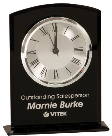 Black Custom Engraved Glass Arch Clock with Base