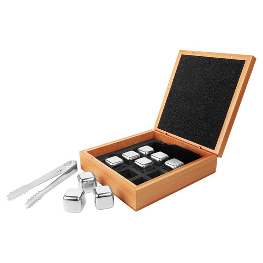 Custom Bamboo Whiskey Stone Set (9 Stainless Steel Stones and Tongs) - Bamboo