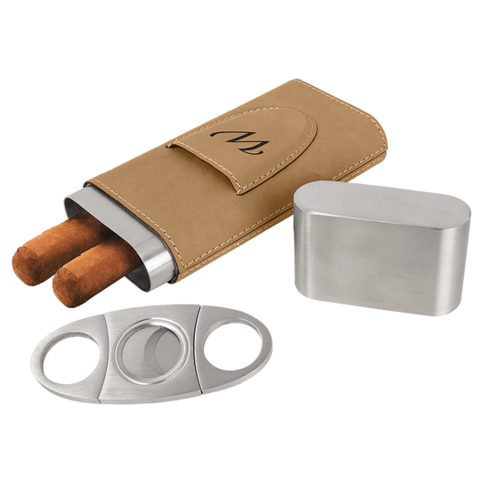 Personalized Light Brown Leatherette Cigar Case with Cutter - Leatherette