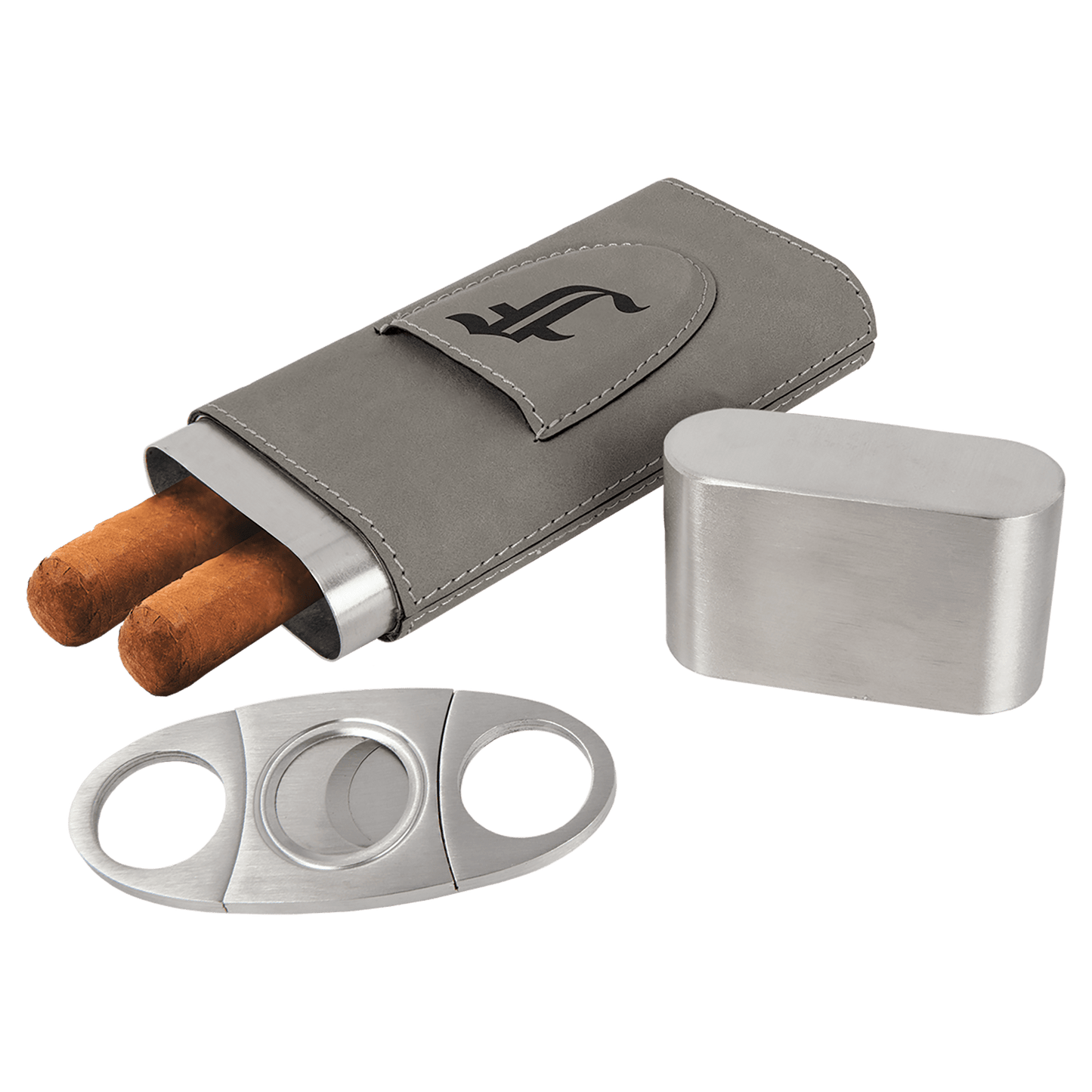 Personalized Gray Leatherette Cigar Case with Cutter - Leatherette
