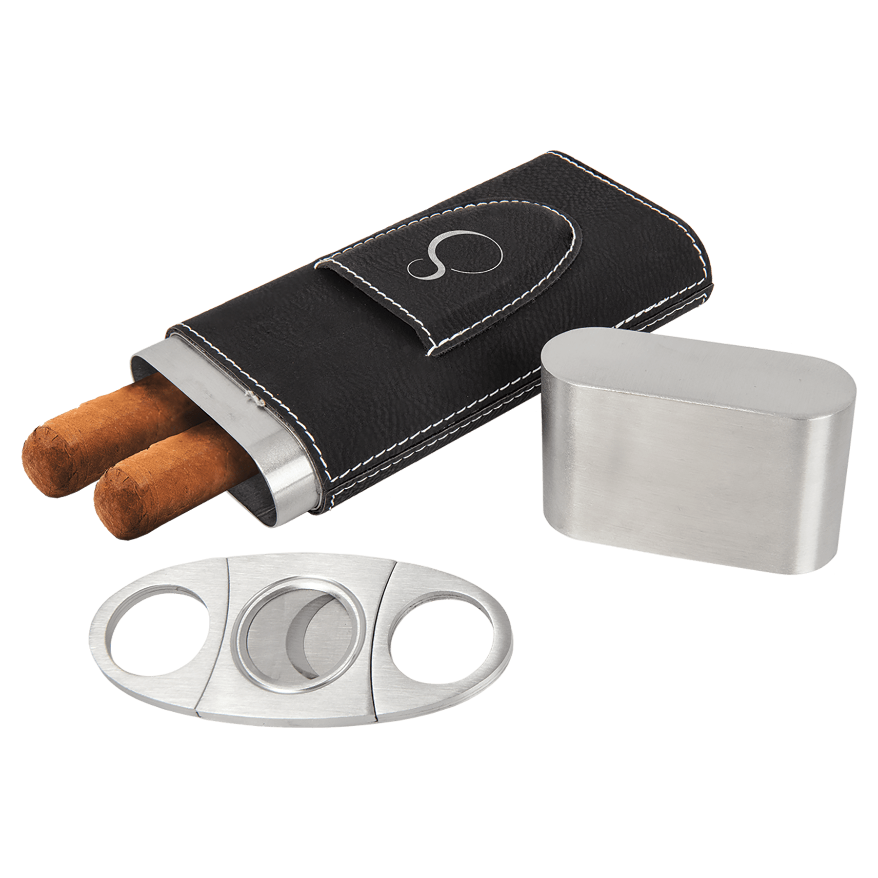 Personalized Black/Silver Leatherette Cigar Case with Cutter - Leatherette