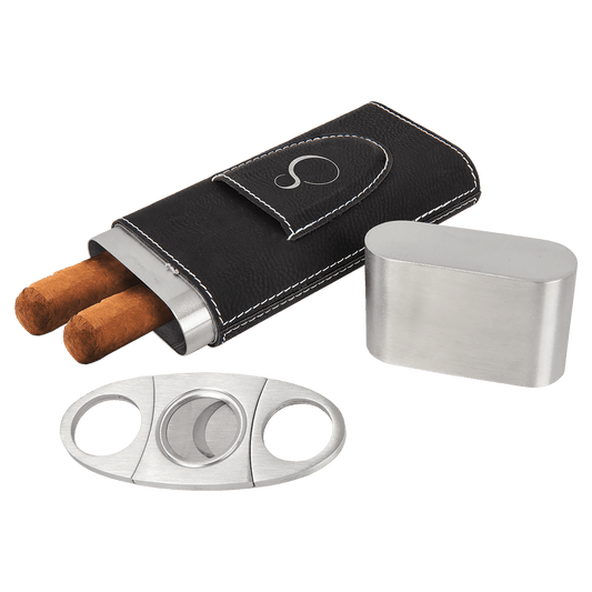 Personalized Black/Silver Leatherette Cigar Case with Cutter - Leatherette