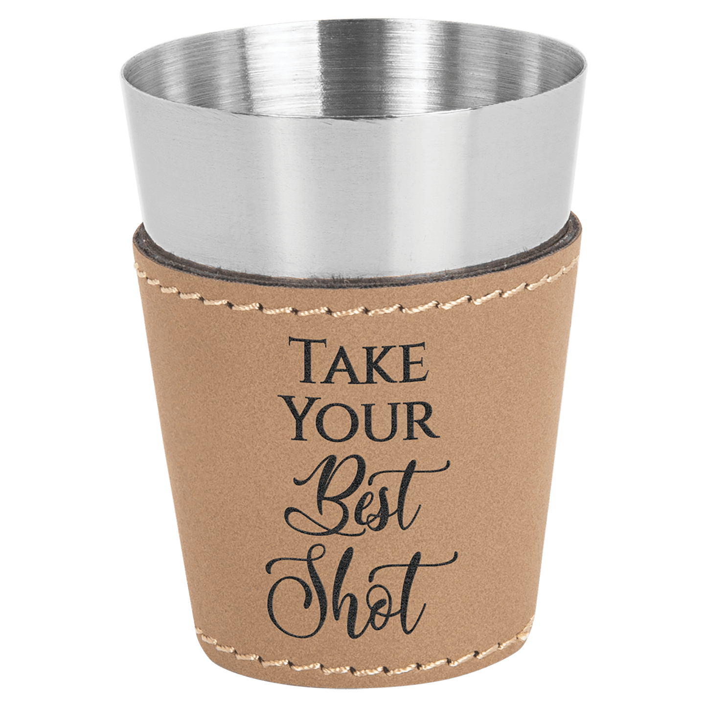 Light Brown Leatherette Wrapped Stainless Steel Shot Custom Engraved Glass - Leatherette