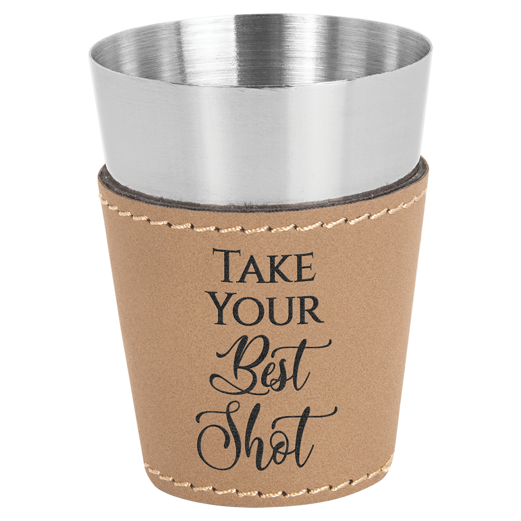 Light Brown Leatherette Wrapped Stainless Steel Shot Custom Engraved Glass - Leatherette