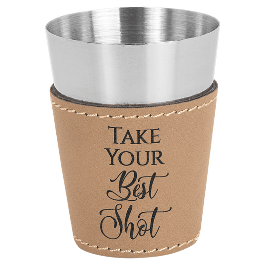 Light Brown Leatherette Wrapped Stainless Steel Shot Custom Engraved Glass - Leatherette
