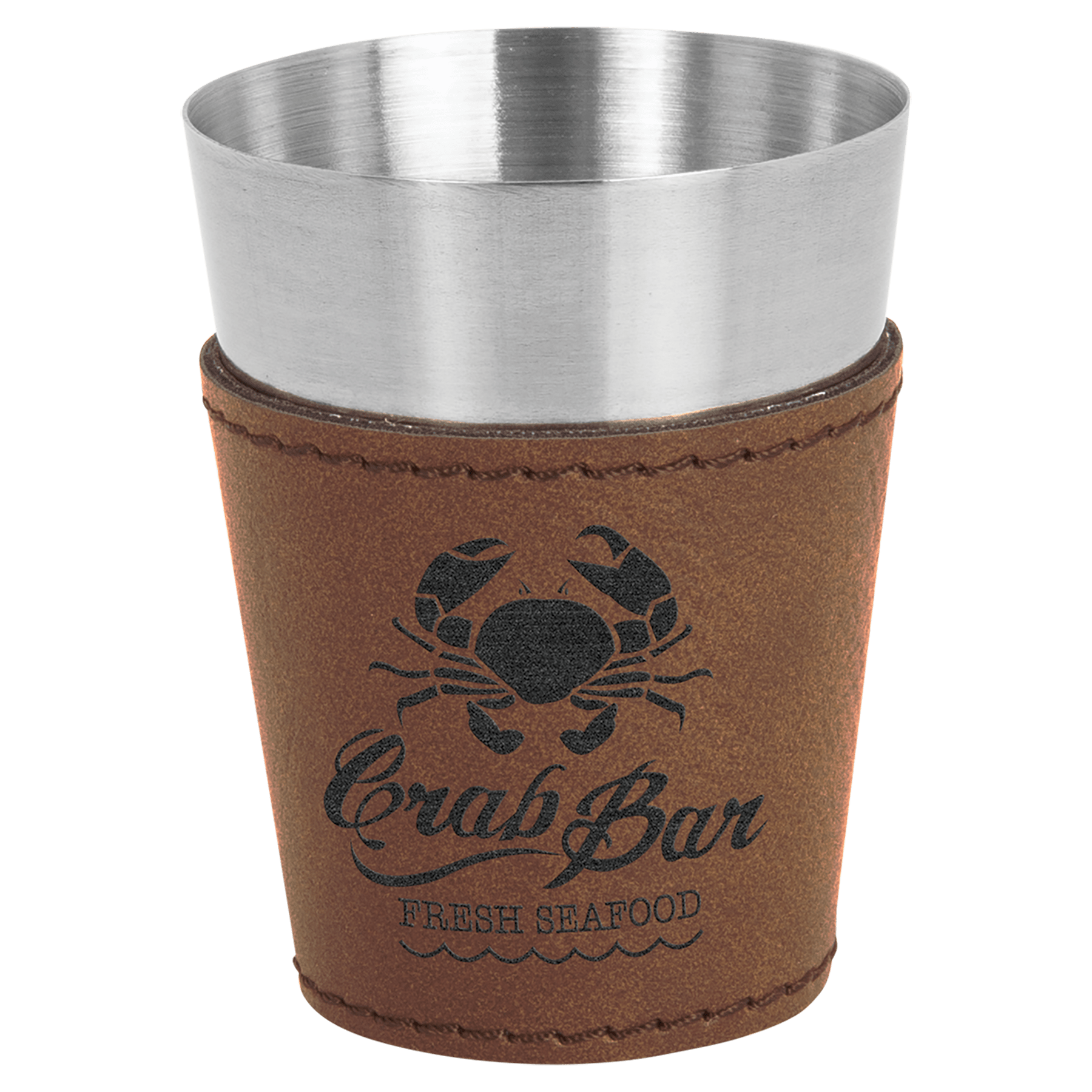 Dark Brown Leatherette Wrapped Stainless Steel Shot Custom Engraved Glass - Leatherette