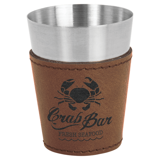 Dark Brown Leatherette Wrapped Stainless Steel Shot Custom Engraved Glass - Leatherette