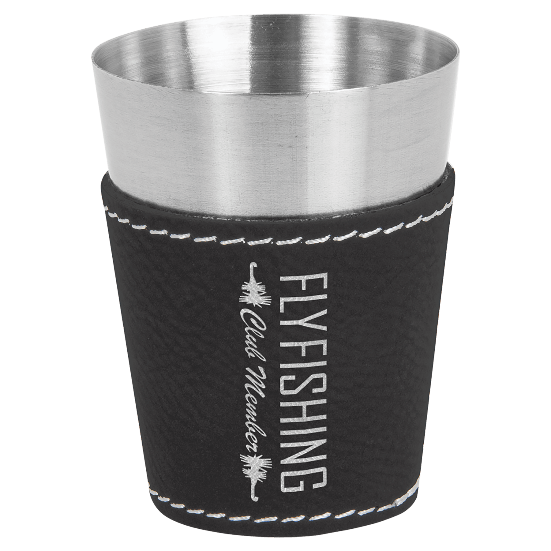 Black/Silver Leatherette Wrapped Stainless Steel Shot Custom Engraved Glass - Leatherette