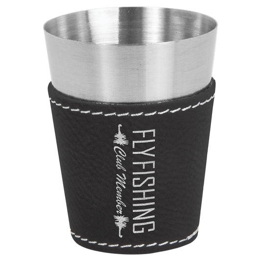 Black/Silver Leatherette Wrapped Stainless Steel Shot Custom Engraved Glass - Leatherette