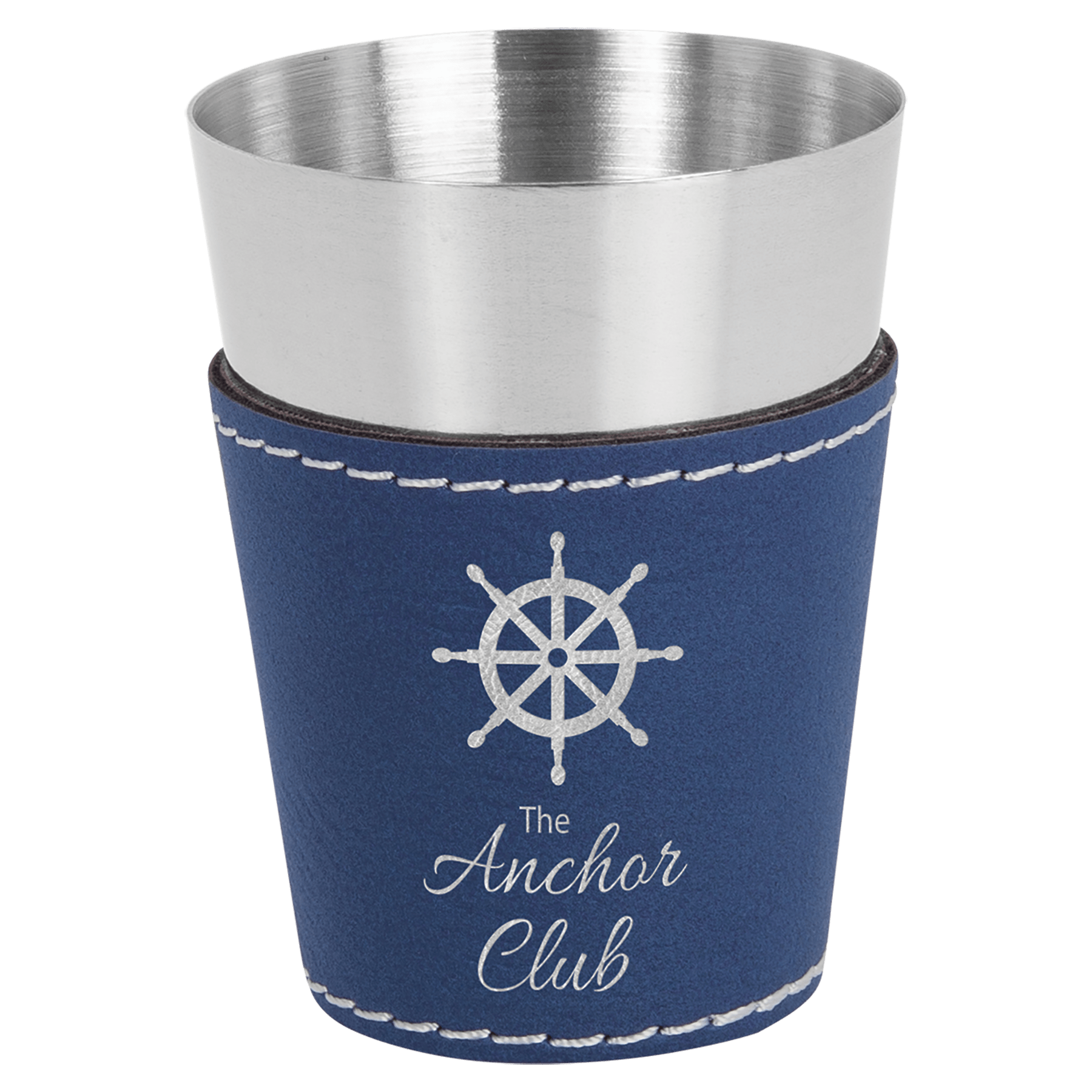 Blue/Silver Leatherette Wrapped Stainless Steel Shot Custom Engraved Glass - Leatherette