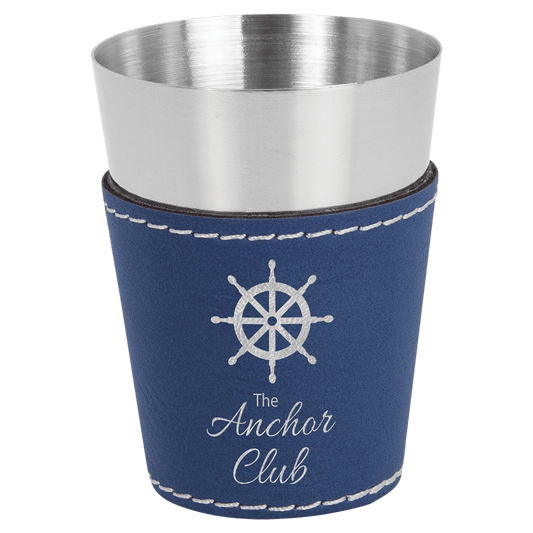 Blue/Silver Leatherette Wrapped Stainless Steel Shot Custom Engraved Glass - Leatherette