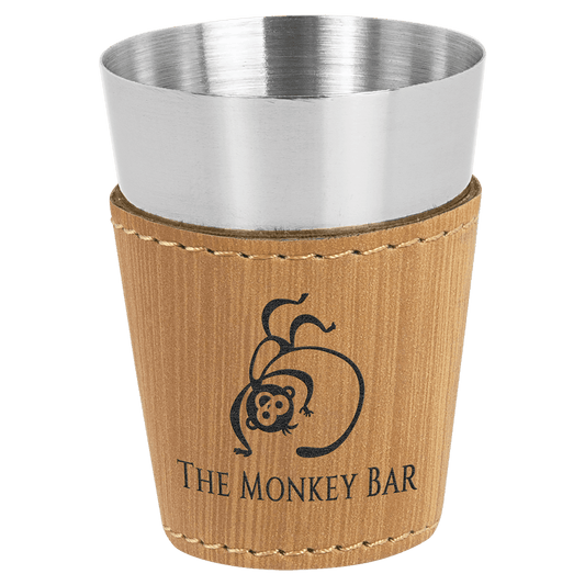 Bamboo Leatherette Wrapped Stainless Steel Shot Custom Engraved Glass - Leatherette