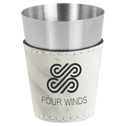 White Marble Leatherette Wrapped Stainless Steel Shot Custom Engraved Glass - Leatherette
